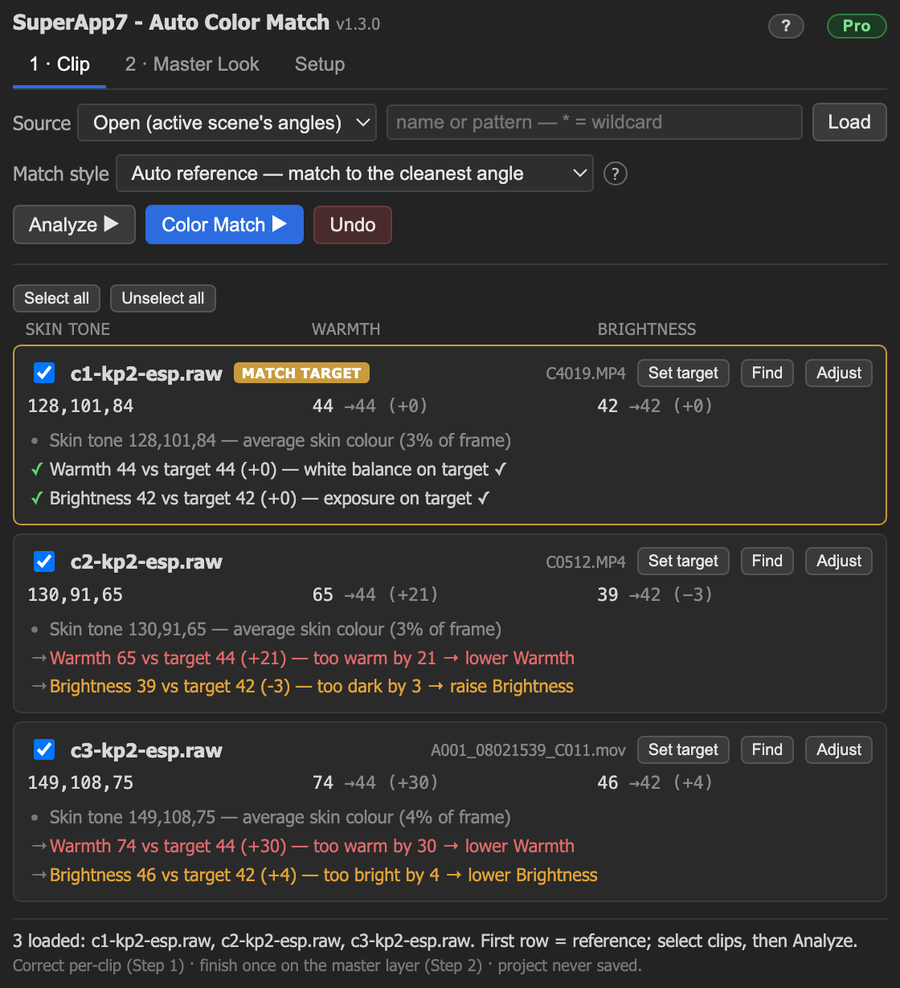 Step 1 — Clip tab with three analyzed angles